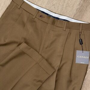 NWT Canali Wool Pleated Trousers Pants Cuffed Men's 34x28 Brown Straight Leg